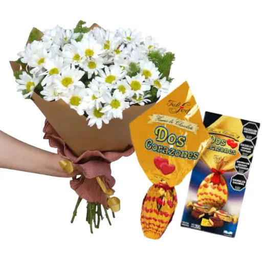 Ramo de margaritas blancas y huevo de pascua dos corazones